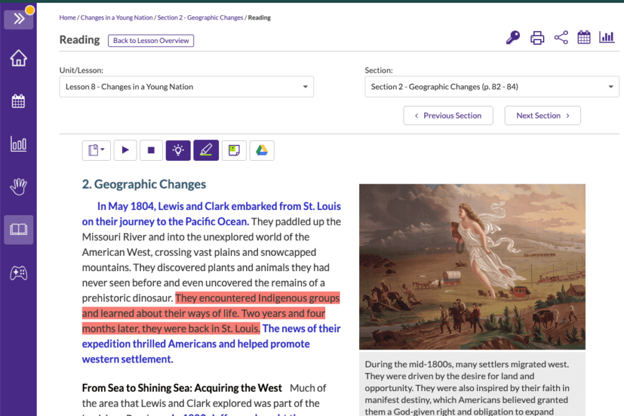 A digital textbook page discusses westward expansion, with highlighted text and an illustration of pioneers.
