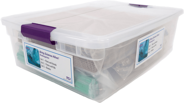 Clear plastic storage box with purple handles, labeled Bring Science Alive! on the side, contains classroom materials.