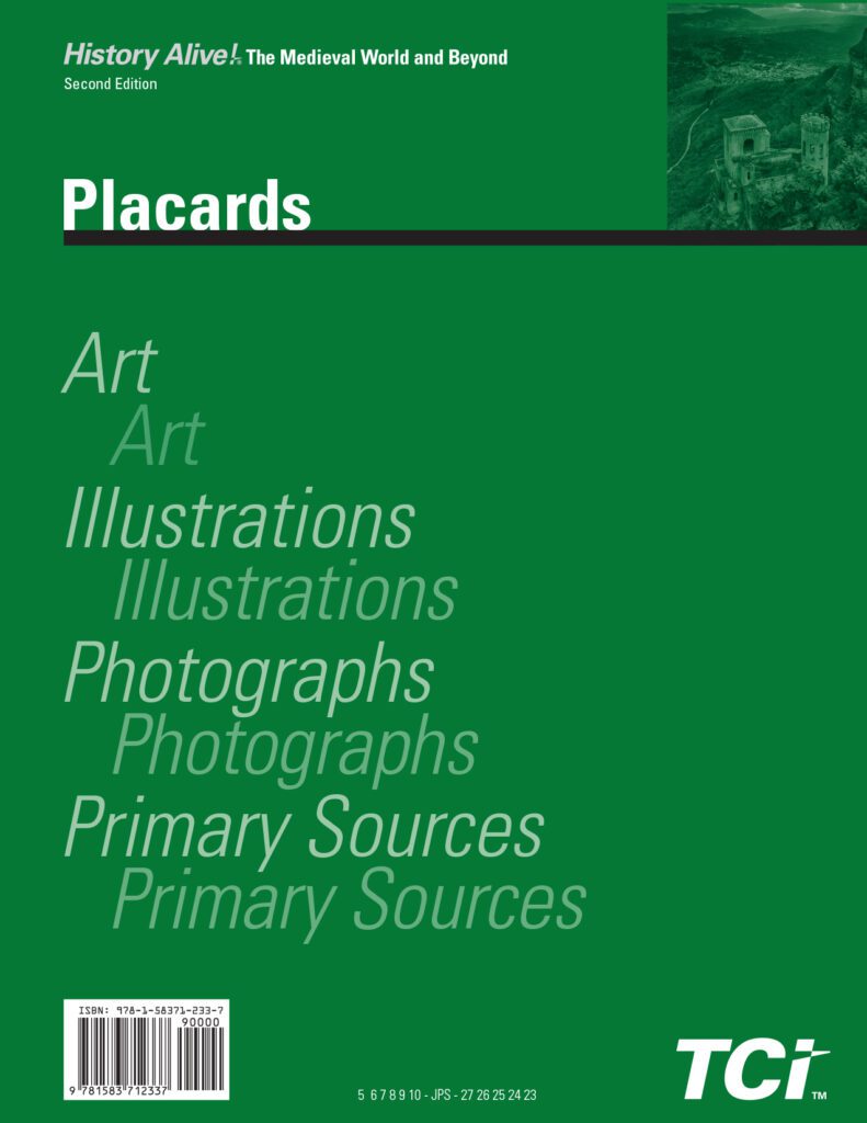Green textbook cover titled Placards with repeated text for art, illustrations, photographs, and primary sources.
