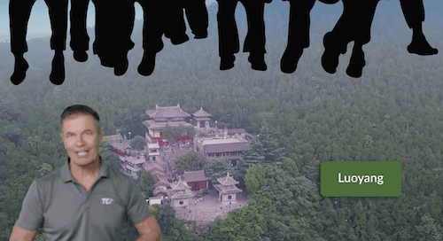 A man stands over a temple complex in a forest, with Luoyang labeled and silhouettes of legs above.
