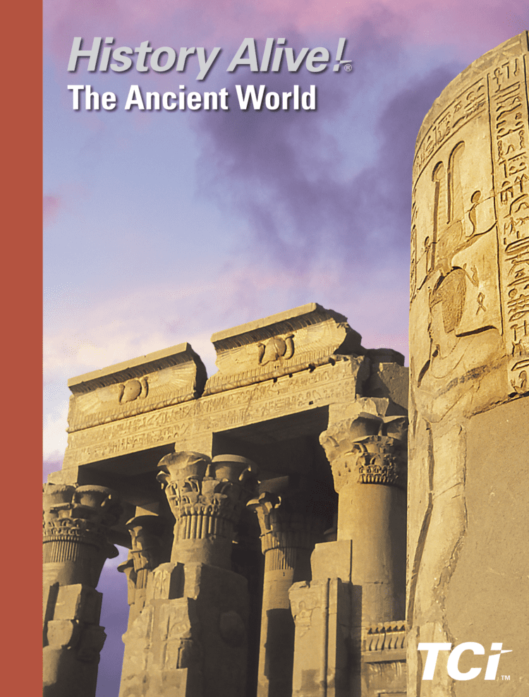 Ancient stone columns and hieroglyph-covered wall under a purple sky; History Alive! The Ancient World text on top.