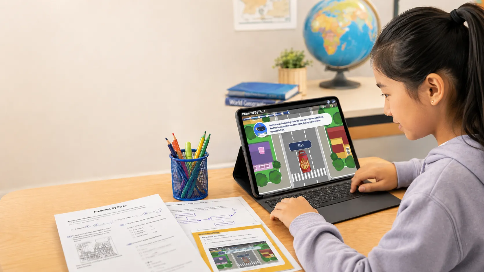 Girl using a tablet at a desk with school supplies, papers, and a globe in the background.