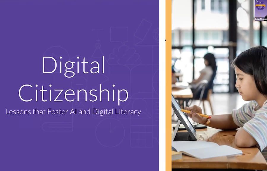 A student uses a tablet in a classroom with the text: Digital Citizenship: Lessons that Foster AI and Digital Literacy.