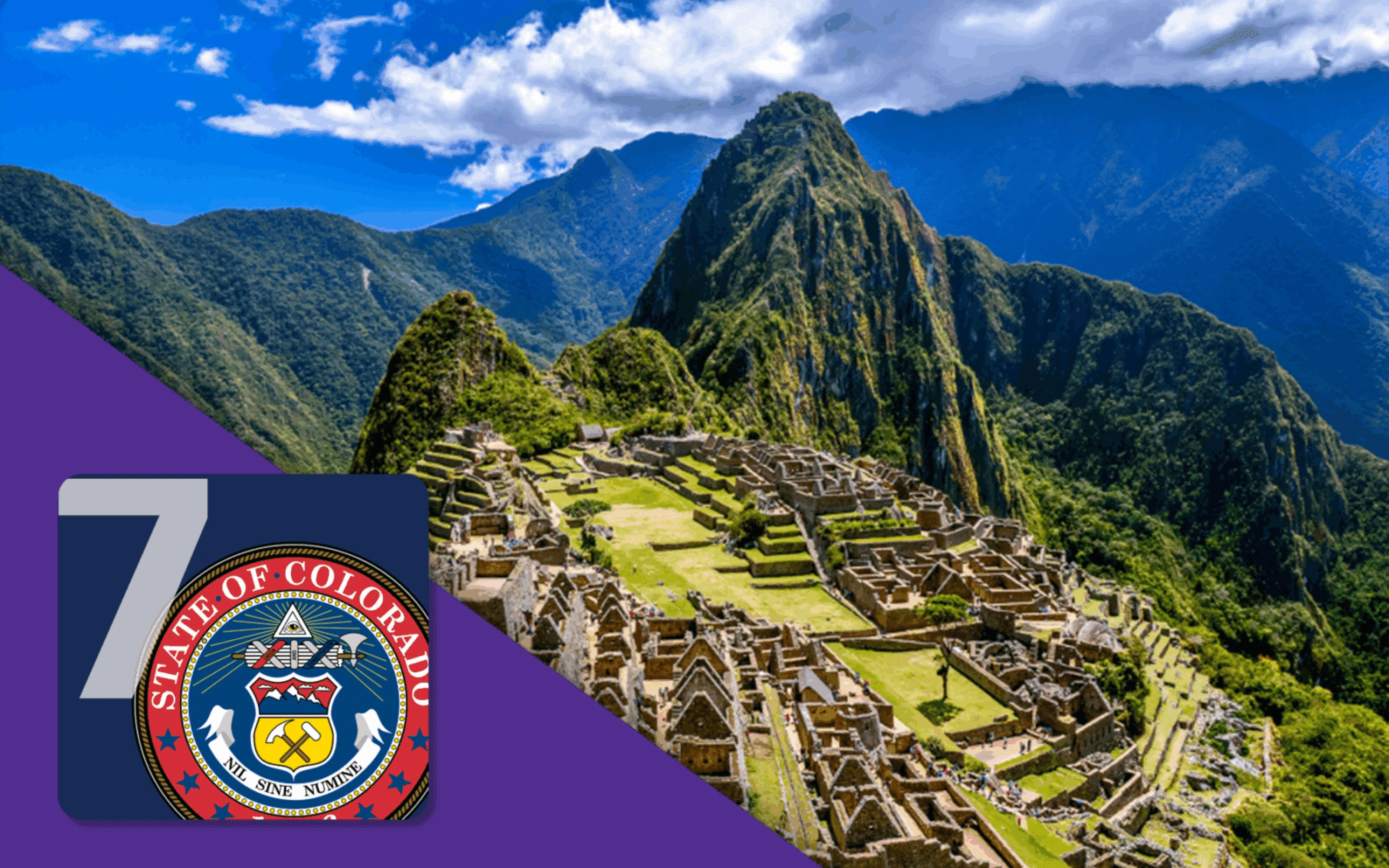 Machu Picchu ruins in the Andes mountains next to the State of Colorado seal.