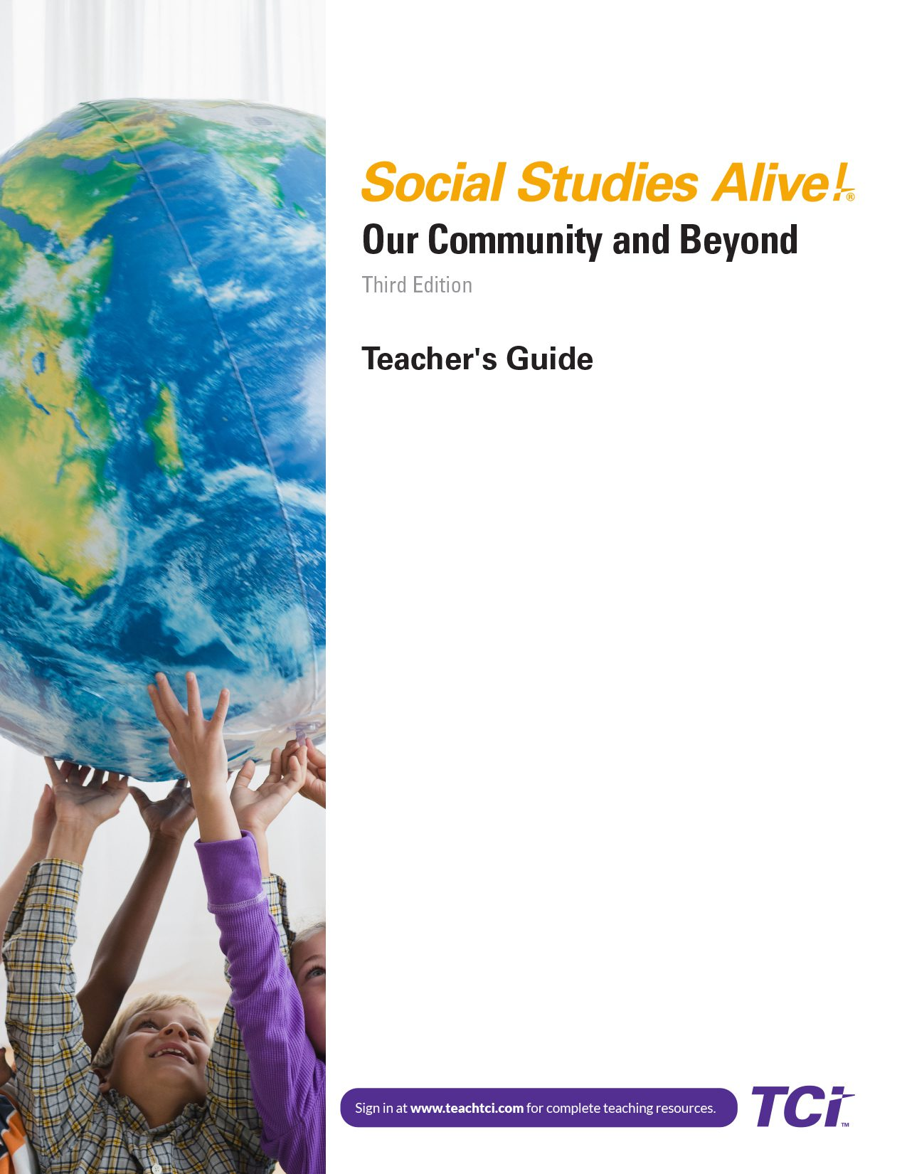Children lifting a large globe together, with Social Studies Alive! Teachers Guide text displayed on a white background.