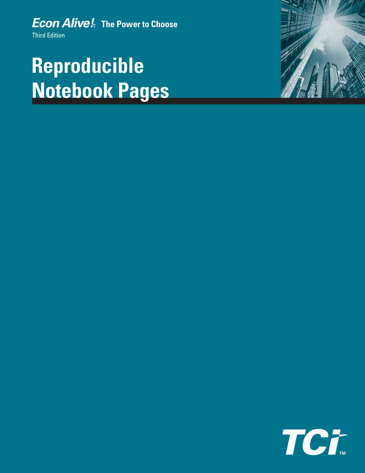 Blue textbook cover titled Econ Alive! Reproducible Notebook Pages with skyscraper photo and TCI logo.