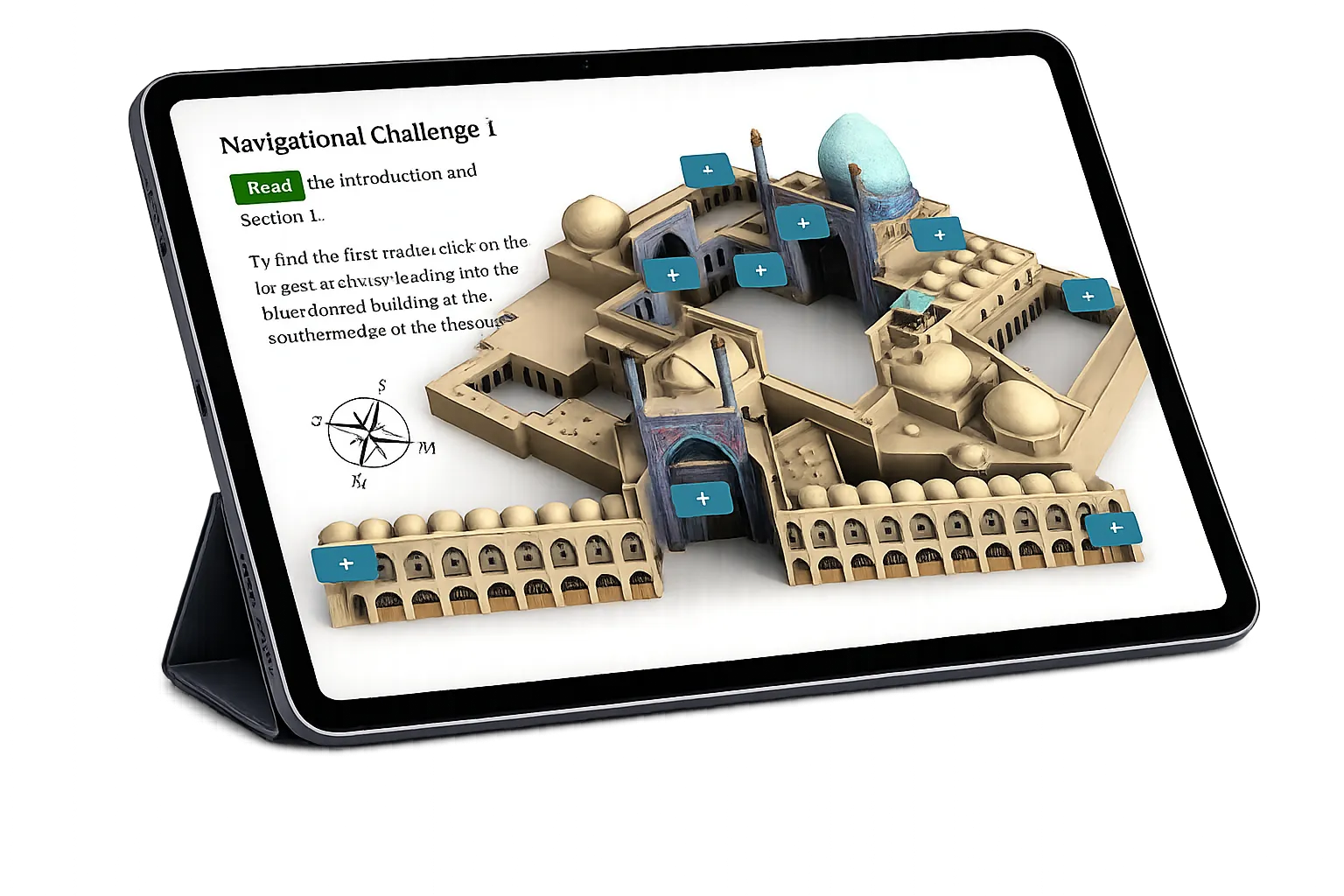 Tablet displaying a 3D model of a historical building with labeled navigation points and reading instructions on screen.
