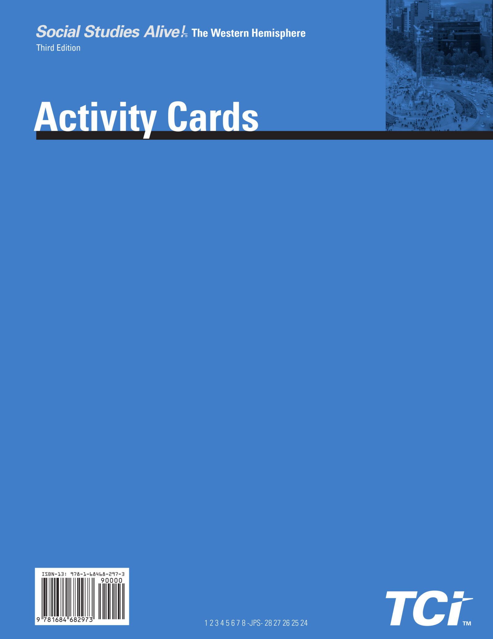 Blue cover of Social Studies Alive! The Western Hemisphere Activity Cards, third edition, by TCI.