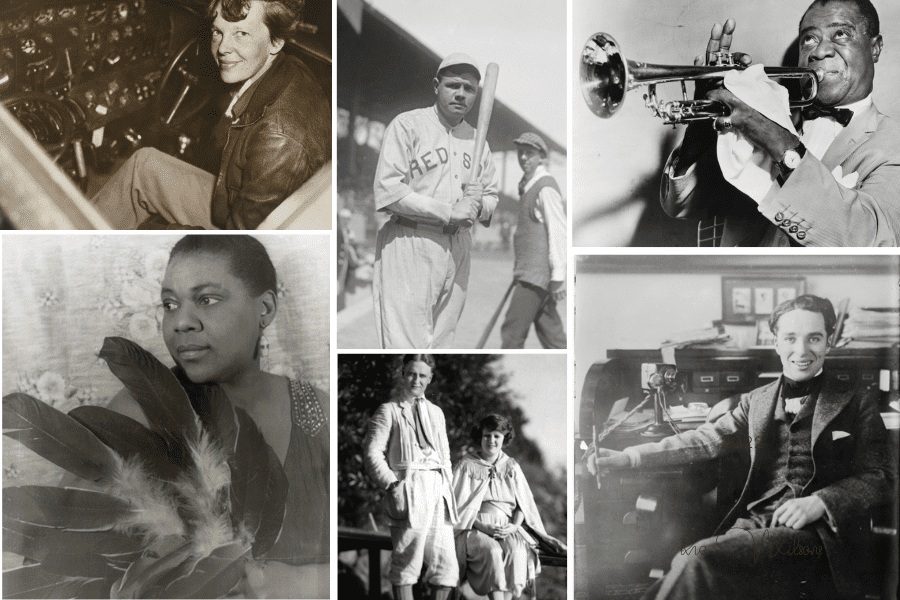 Collage of historical Black and white photos of musicians, athletes, and two people with a golf club.