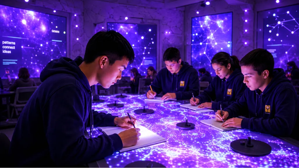 Students writing at a glowing table with purple constellation patterns in a futuristic classroom.