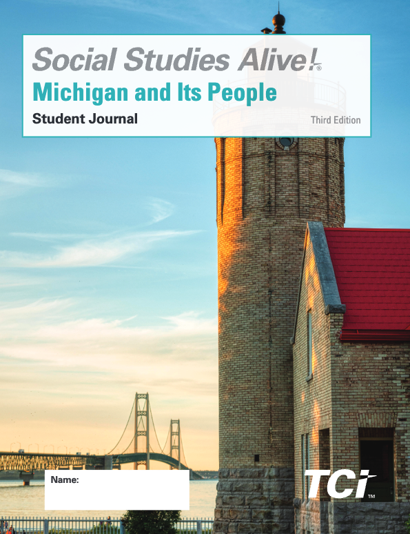 A brick building by water with a bridge in the background under a blue sky, cover of a Michigan social studies journal.