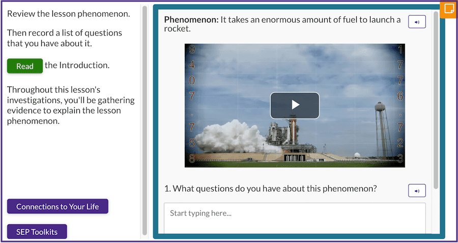 Screenshot of a science lesson interface showing a rocket launching and a text box for student questions about the launch.