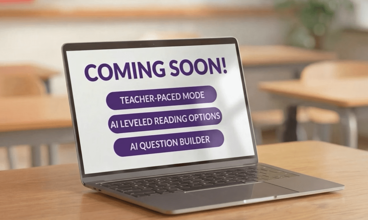 Laptop screen showing COMING SOON! and buttons for Teacher-Paced Mode, AI Leveled Reading Options, and AI Question Builder.