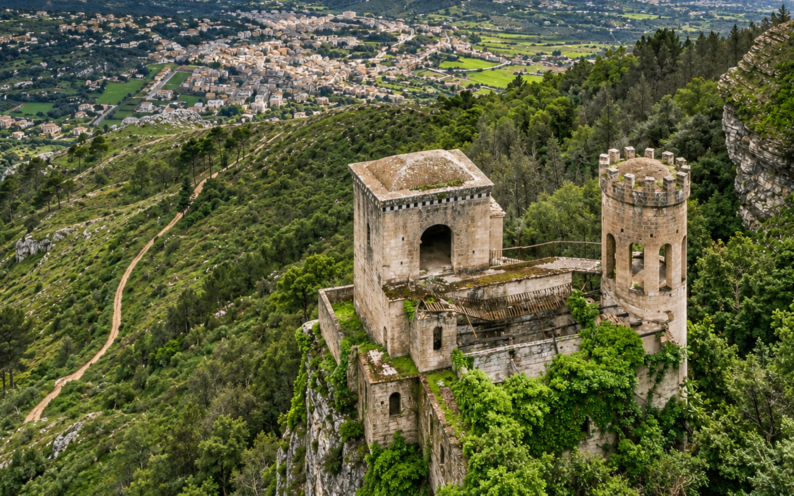 Ancient stone castle with a tower sits atop a green hill, overlooking a valley and distant town.