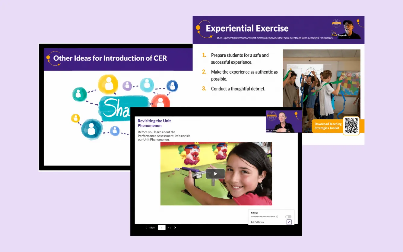 Collage of educational slides, including text, diagrams, a girl aiming a toy, and students in an activity.
