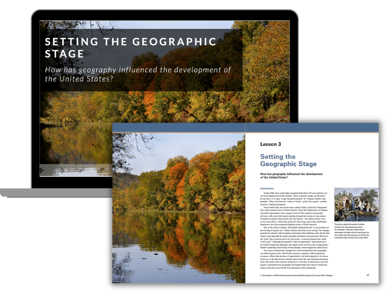 Laptop and open book display lesson titled Setting the Geographic Stage with a lake and autumn trees in the background.