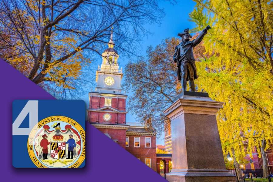 Independence Hall with a statue in autumn, Maryland state seal, and a number 4 in the lower left corner.