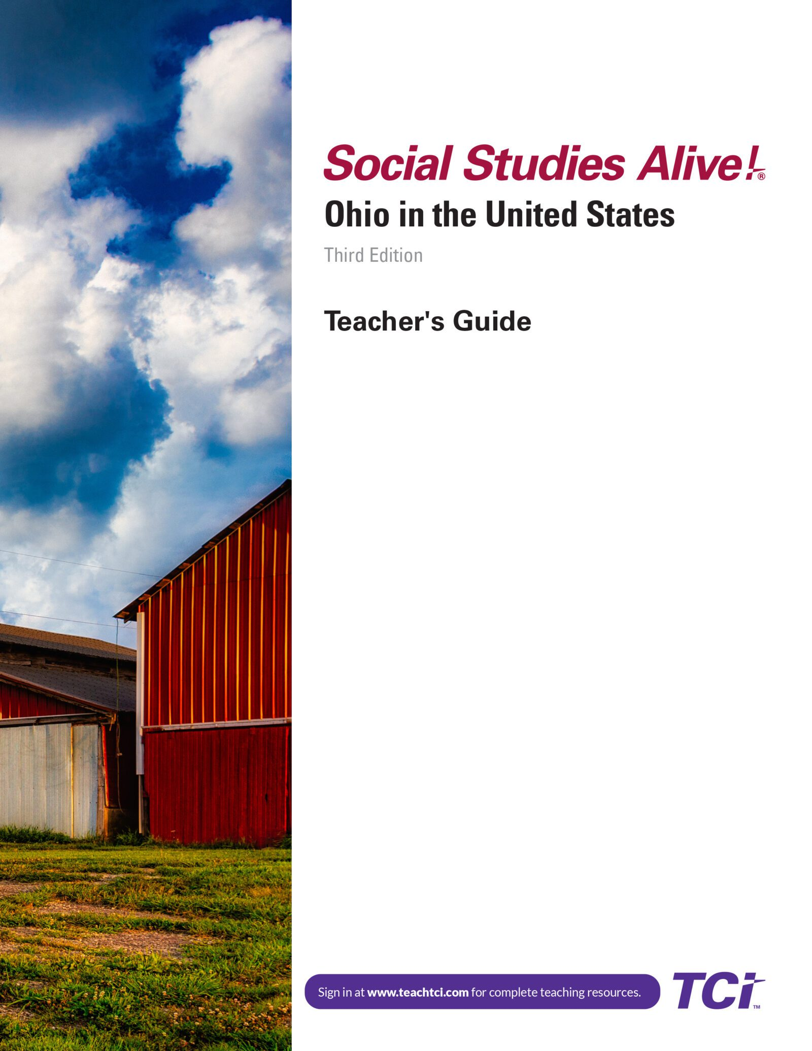 Red barn under a dramatic cloudy sky, with text: Social Studies Alive! Ohio in the United States Teachers Guide.
