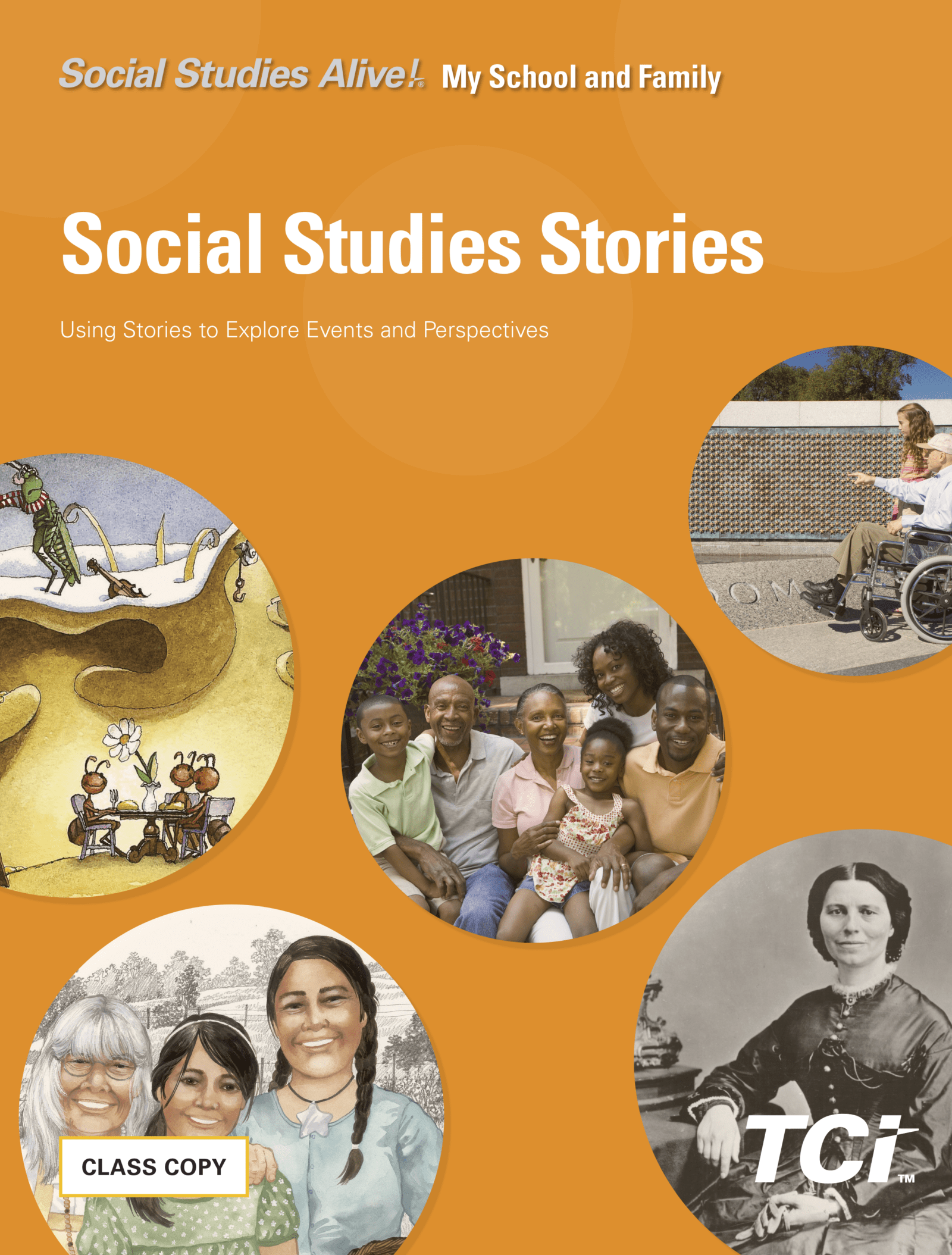 Book cover titled Social Studies Stories with diverse people in circular photo frames on an orange background.