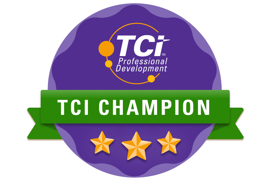 A purple badge with TCI Professional Development and a green ribbon reading TCI Champion above three gold stars.