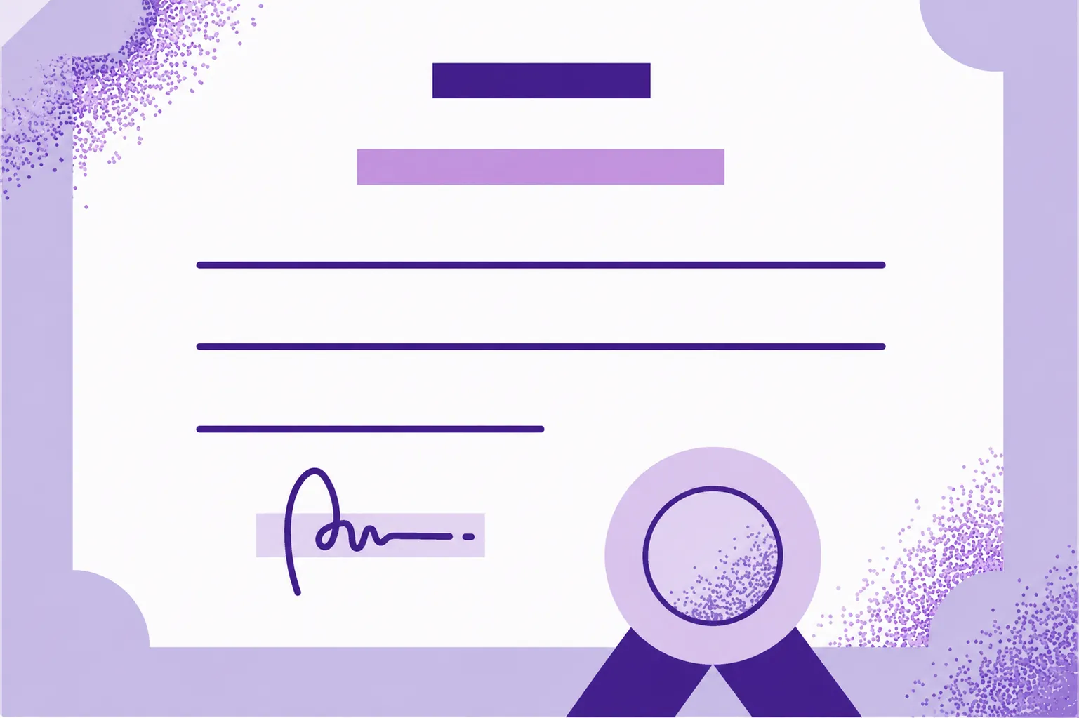 Illustration of a certificate with signature, purple border designs, and a round seal with ribbon at the bottom right.