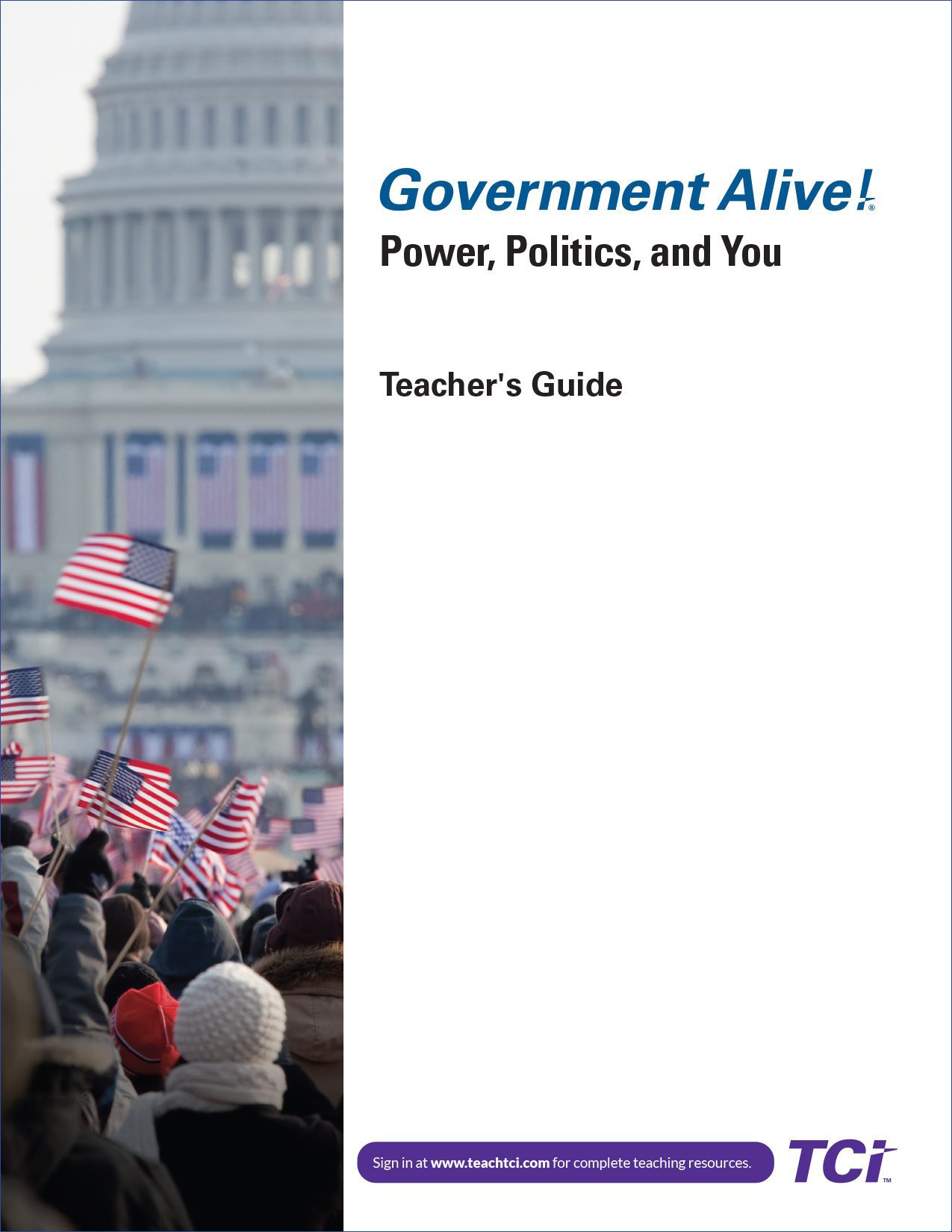 Crowd holding American flags in front of the U.S. Capitol; text reads Government Alive! Teachers Guide..