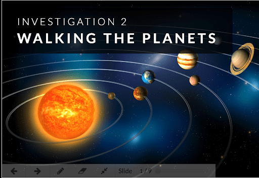 Planets orbit the sun in space with the text Investigation 2: Walking the Planets above the image.