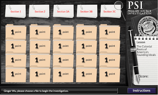 A digital game board with folders labeled 1 point for selecting files, titled Primary Source Investigation..