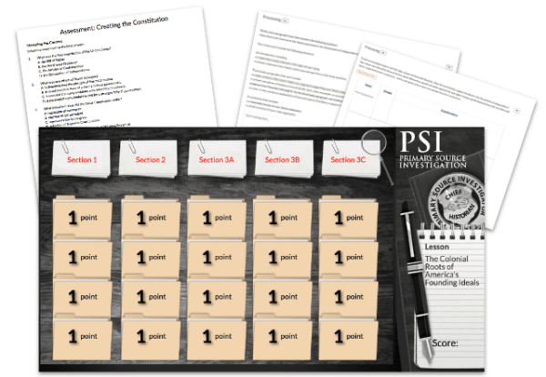 PSI: The Colonial Roots of Americas Founding Ideals—sections, point cards, and worksheets for Constitution assessment shown.