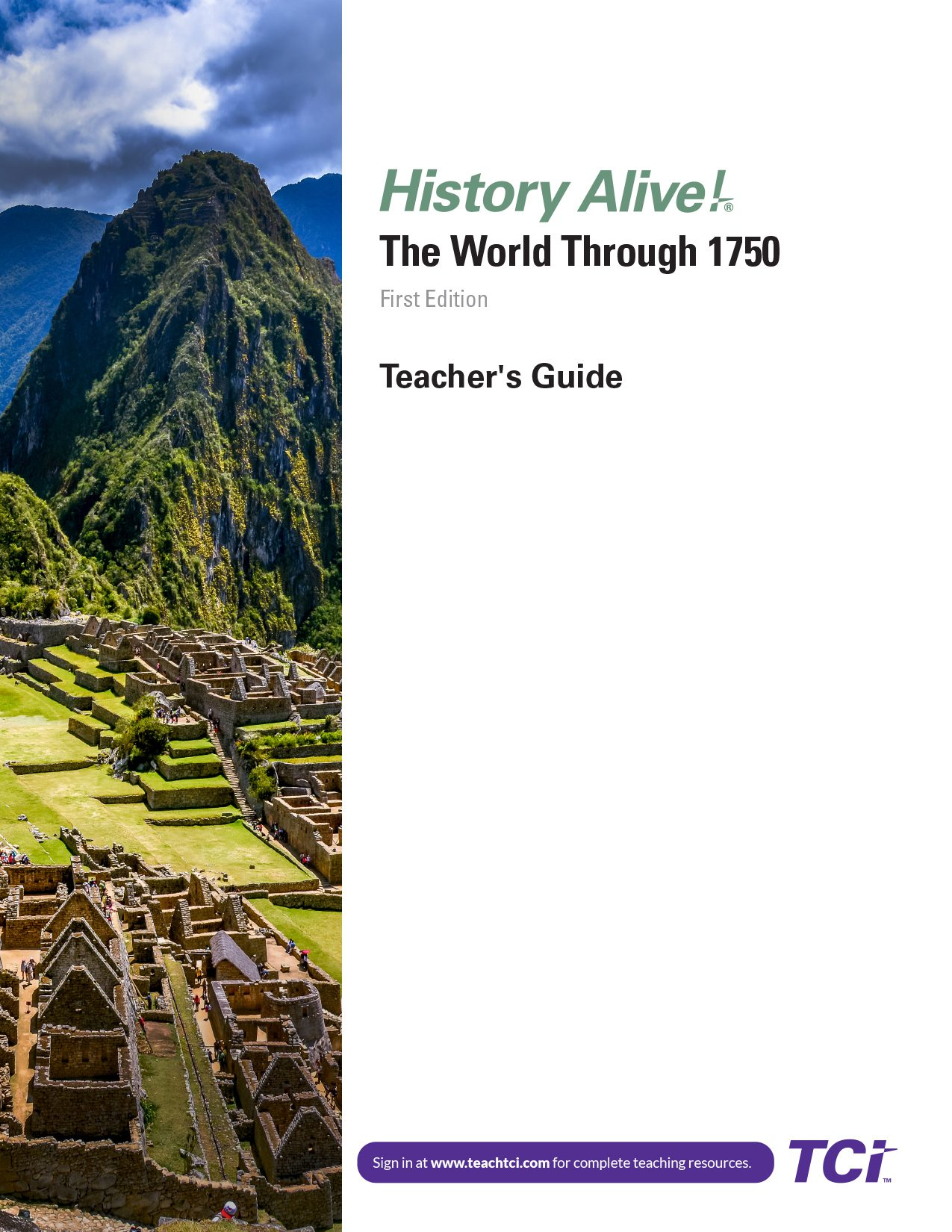Ancient stone ruins of Machu Picchu with green mountains in the background under a blue sky.