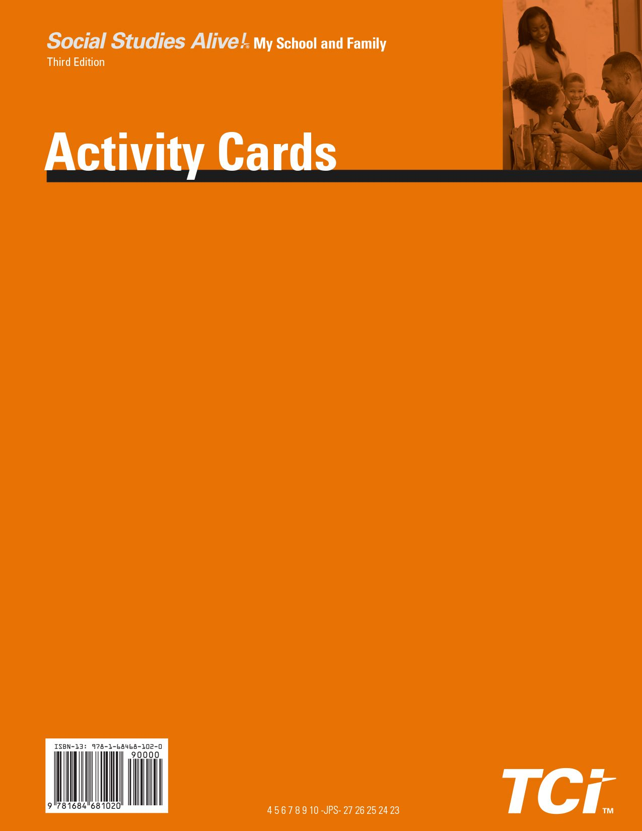 Orange cover of Social Studies Alive! My School and Family Activity Cards, third edition, with a small classroom photo.