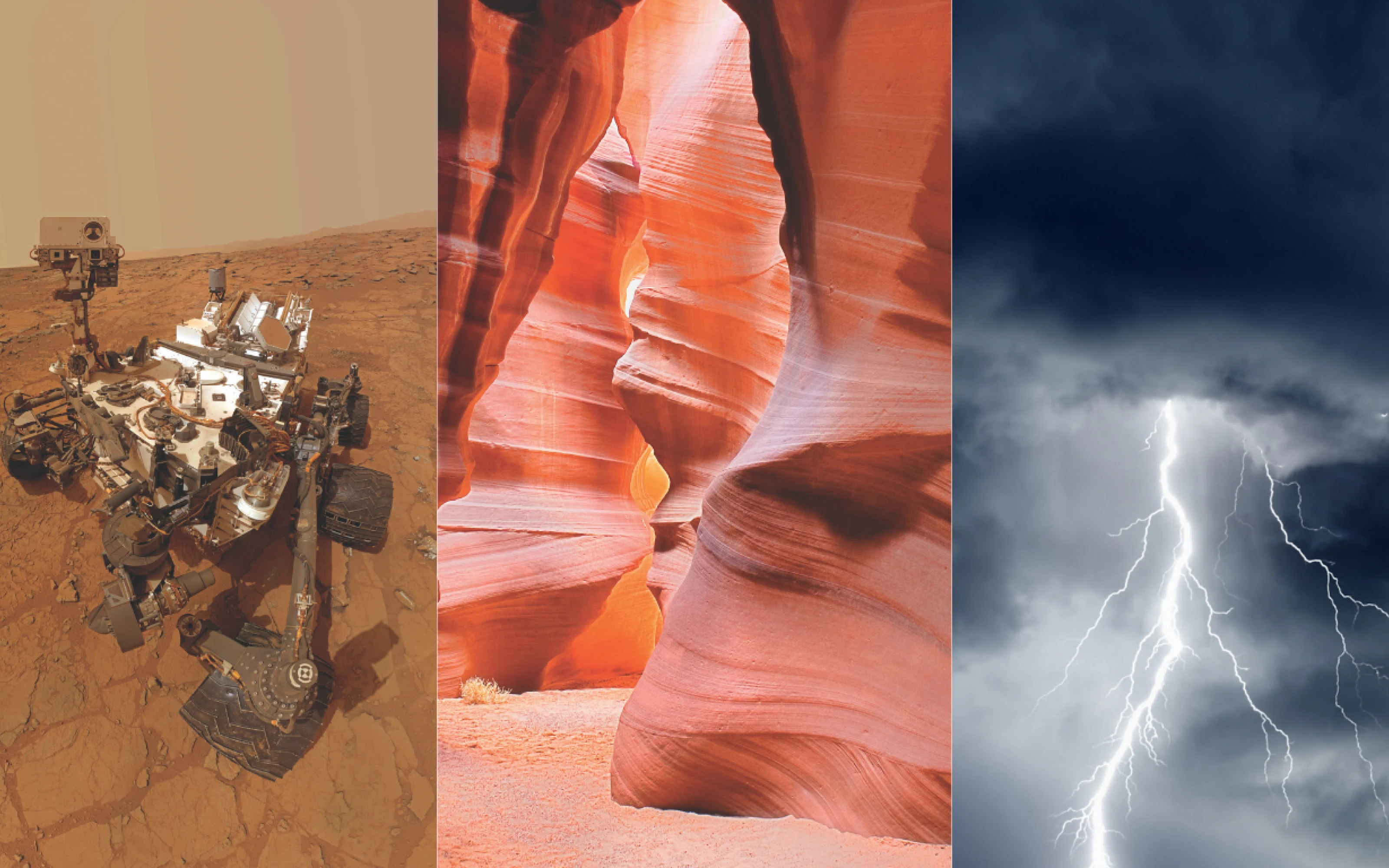 A triptych showing the Mars rover on a dusty surface, a narrow slot canyon, and a lightning bolt in a dark storm.