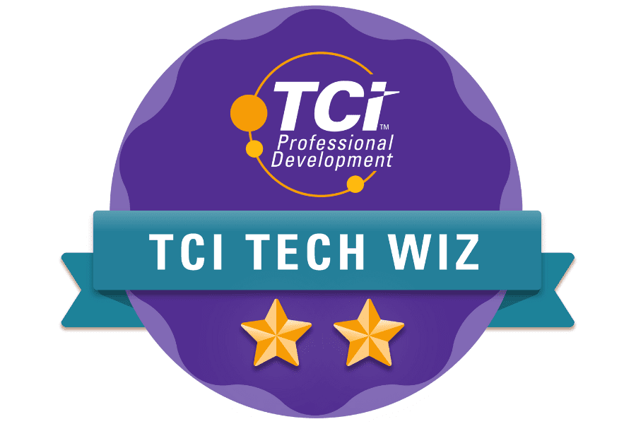 Purple badge with TCI Professional Development and TCI Tech Wiz banner, plus two gold stars at bottom.