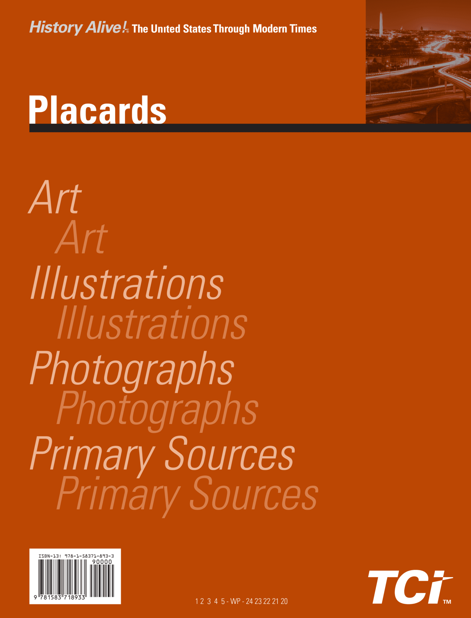 Orange cover with white and yellow text listing: Art, Illustrations, Photographs, Primary Sources, and Placards.