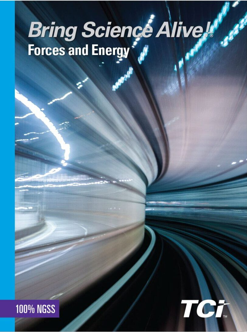 Blurred lights curve in a tunnel, with Bring Science Alive! Forces and Energy text overlaid at the top.