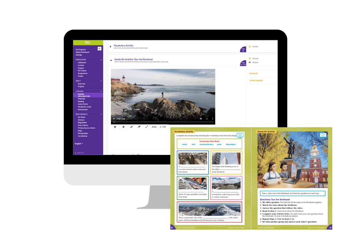 A desktop screen shows a digital lesson on the Northwest, with two printed activity pages in front.