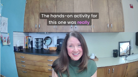 Smiling woman sits in a kitchen with wooden cabinets; text reads, The hands-on activity for this one was really.