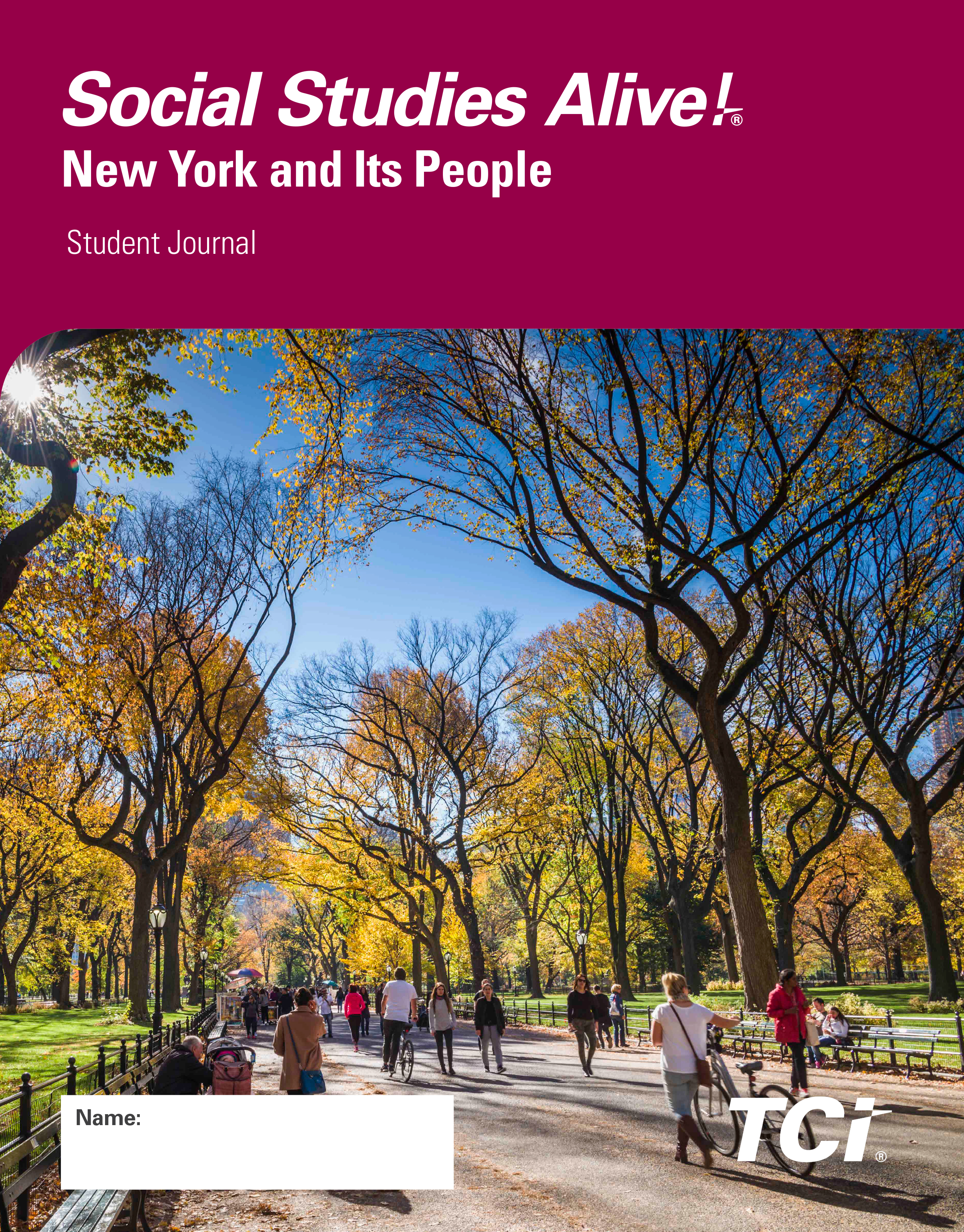 Cover of Social Studies Alive! New York and Its People student journal featuring a path through Central Park in autumn.