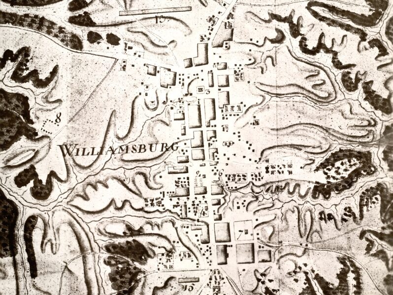Historic map of Williamsburg with labeled streets, rectangular plots, and surrounding landscape details in sepia tones.