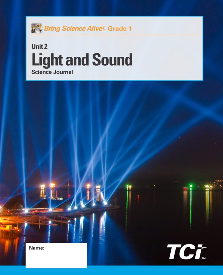 Blue and white spotlights shine over water at night; text reads Light and Sound Science Journal, Grade 1, TCI..