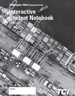 Aerial view of shipping containers at a dock, Interactive Student Notebook text overlaid, with a name label.
