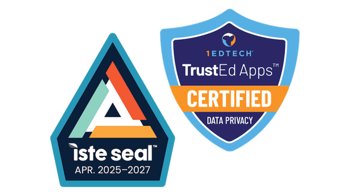 ISTE Seal for April 2025–2027 and 1EdTech TrustEd Apps Data Privacy Certified badge.
