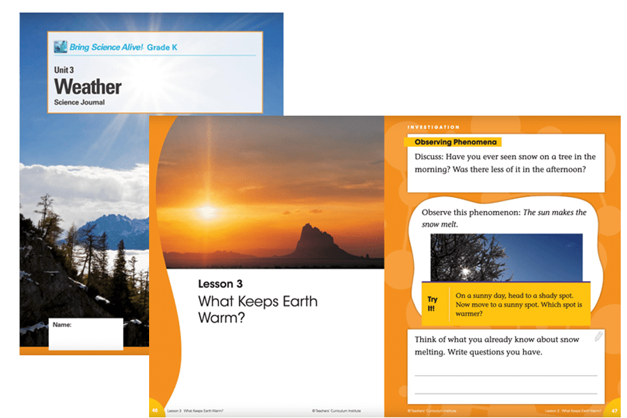 Three science journal pages: winter trees, a sunset over mountains, and a worksheet about how the sun warms the snow.