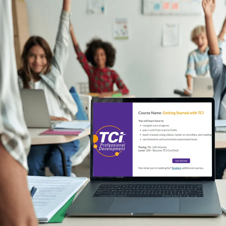 A classroom with students raising hands; a laptop screen shows a TCI Professional Development course page.