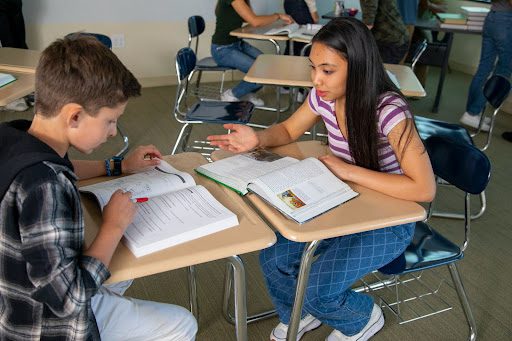 Two students sit at desks, studying and discussing together with open textbooks in a classroom.