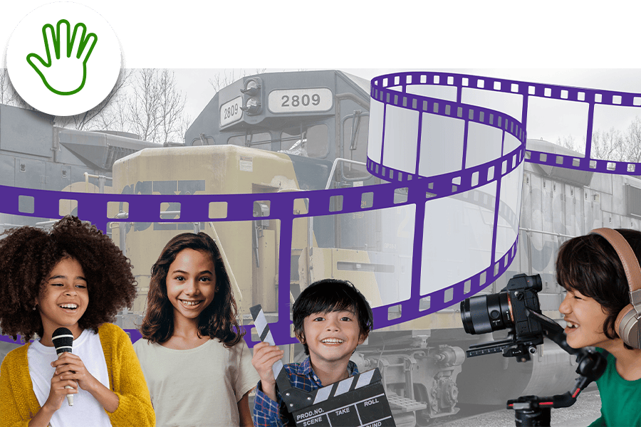 Four diverse kids with film equipment and a microphone stand in front of a train, with a film strip graphic above them.
