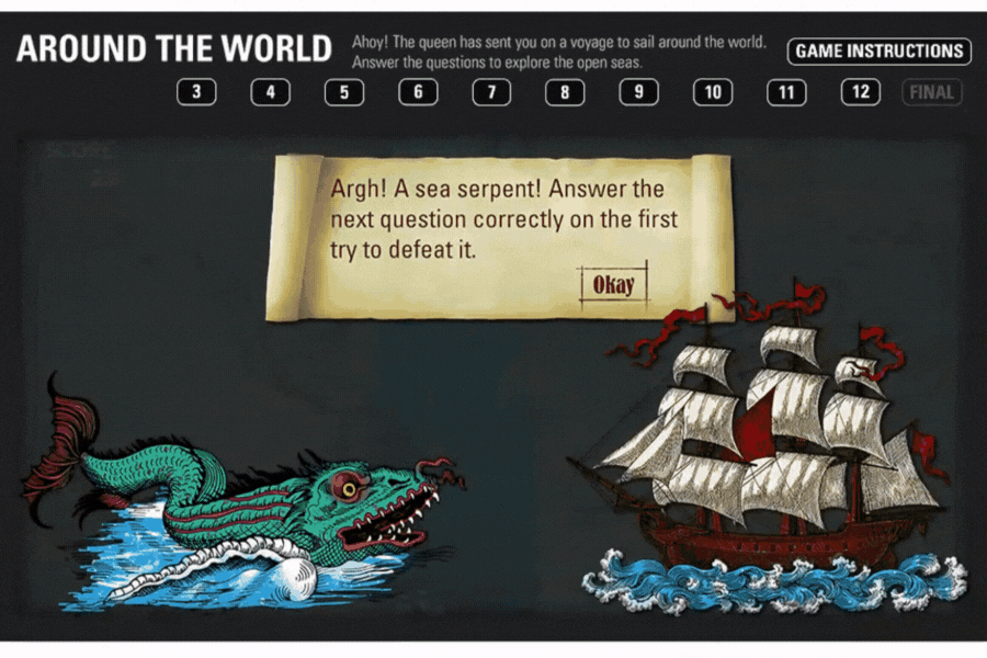 A green sea serpent faces a sailing ship; a message says to answer the next question correctly to defeat it.
