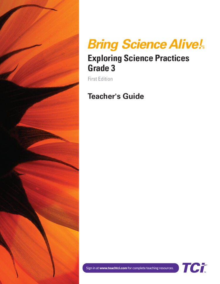 Cover of Bring Science Alive! Grade 3 Teachers Guide with an orange sunflower and purple TCI logo.