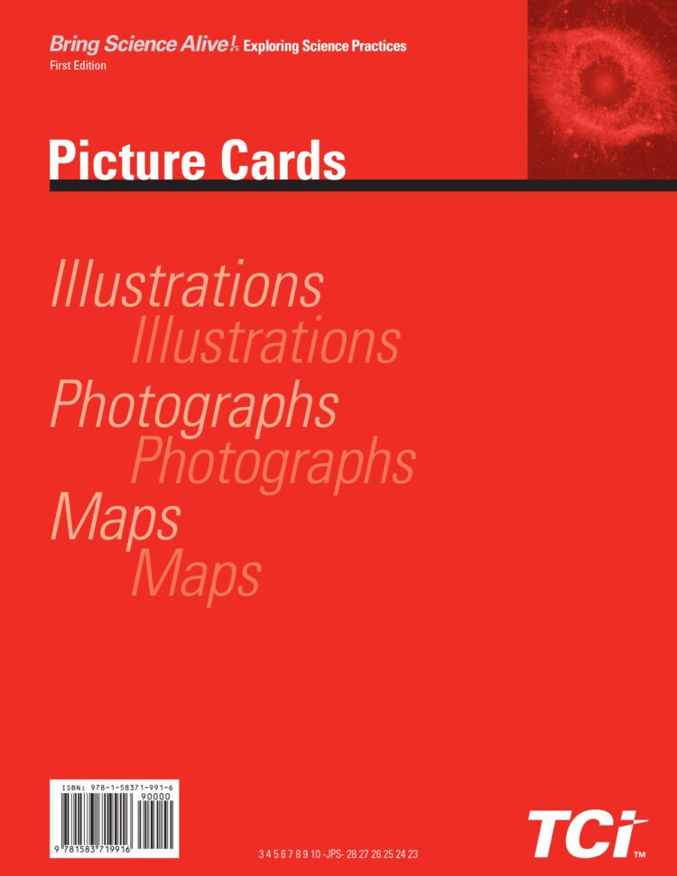 Red cover of a TCI science picture cards book with illustrations, photographs, and maps in large italic text.