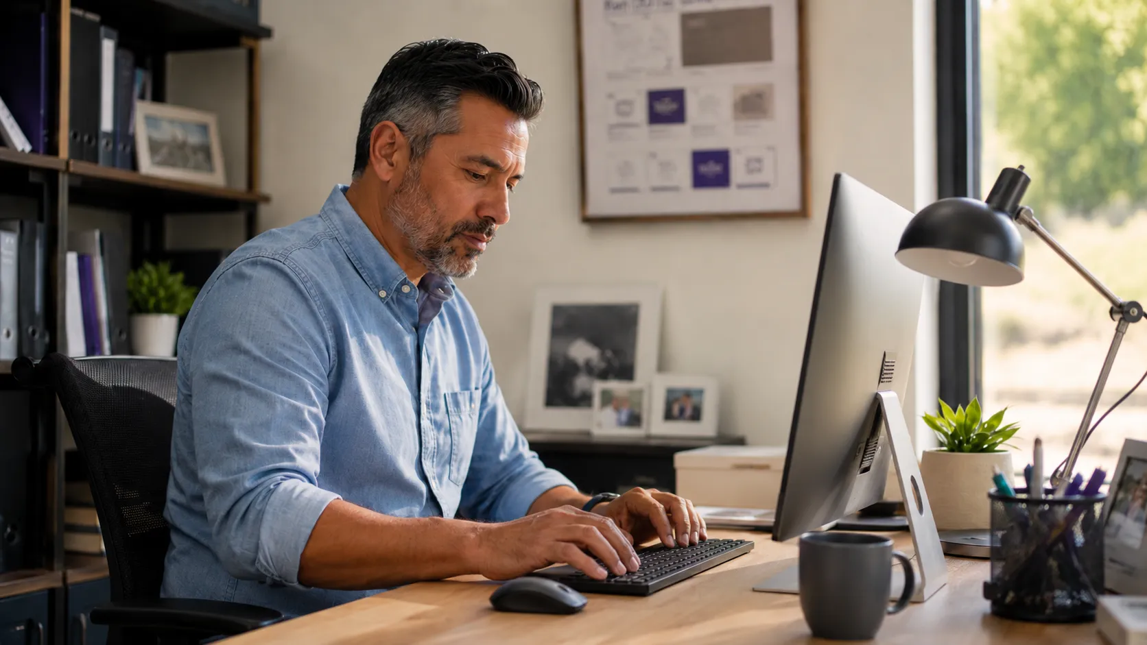 Man in blue shirt typing on a desktop computer at a wooden desk in a modern home office with shelves and decor.